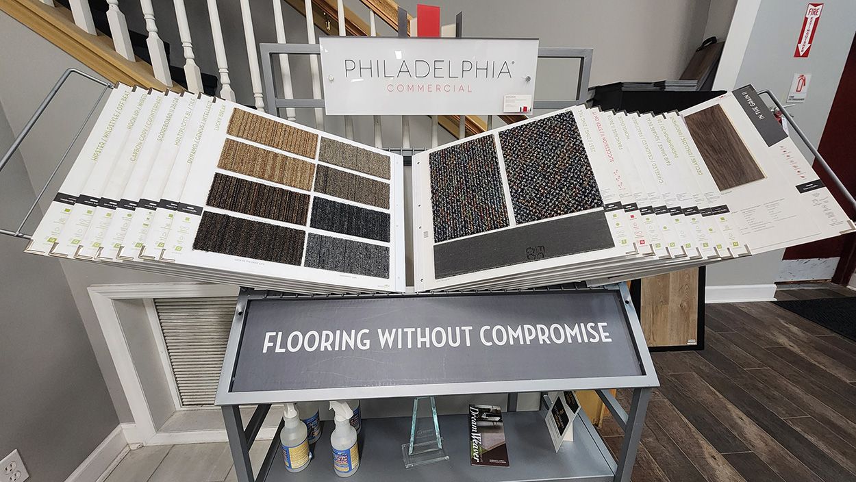 On display is the Philadelphia brand's products intended for commercial use. Showing mostly tightly woven commercial grade carpet, with a couple lvp samples.