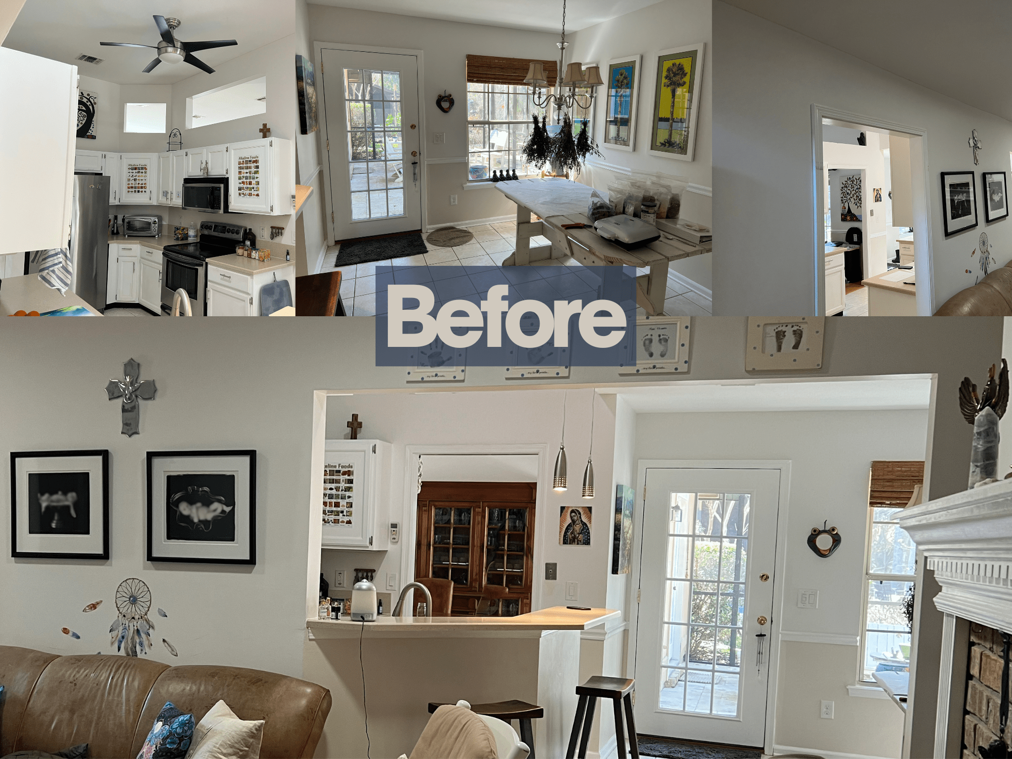 A smaller kitchen space can be seen here, before knocking down the center portion of wall that sealed the kitchen off from the living room.