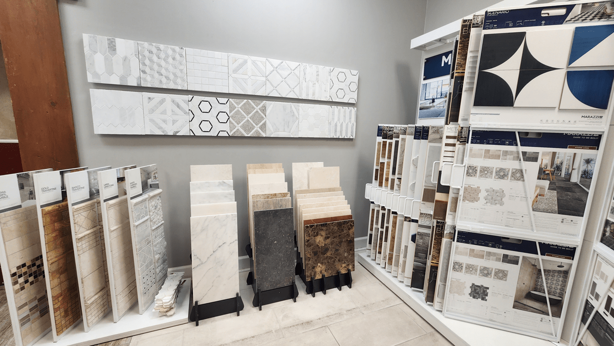 Two different brand displays, on the left is Stone Access all natural products, on the right is Marazzi porcelain and ceramic tile.