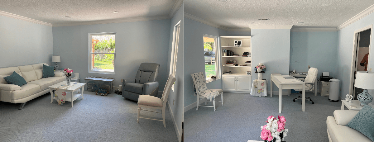 Formerly the garage, this powder blue room now acts as an office as well as a sort of sun-room and den.