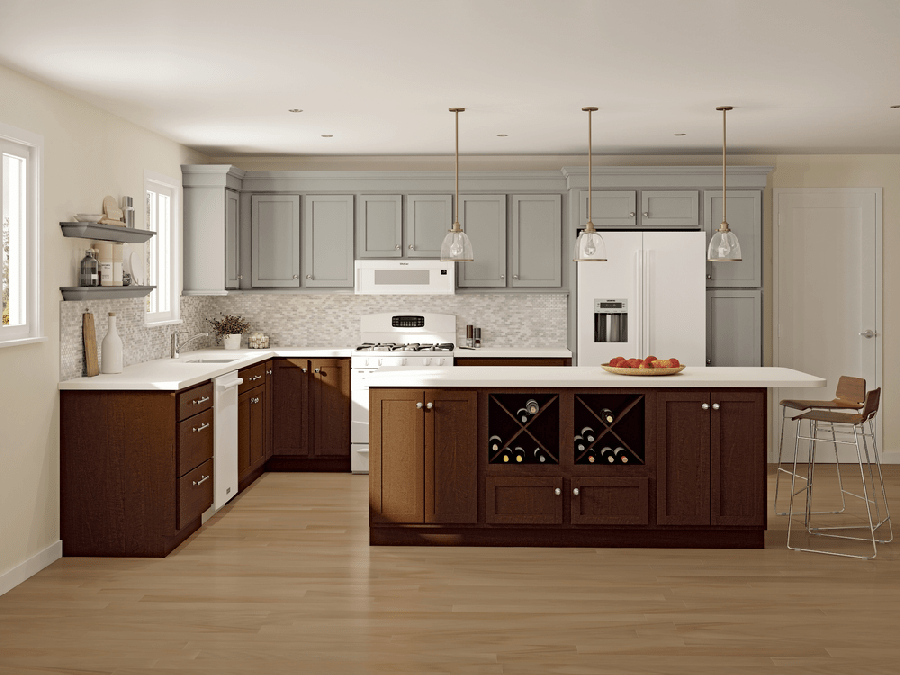 A two-tone kitchen with rich natural wood finish on lower cabinets and light grey uppers.